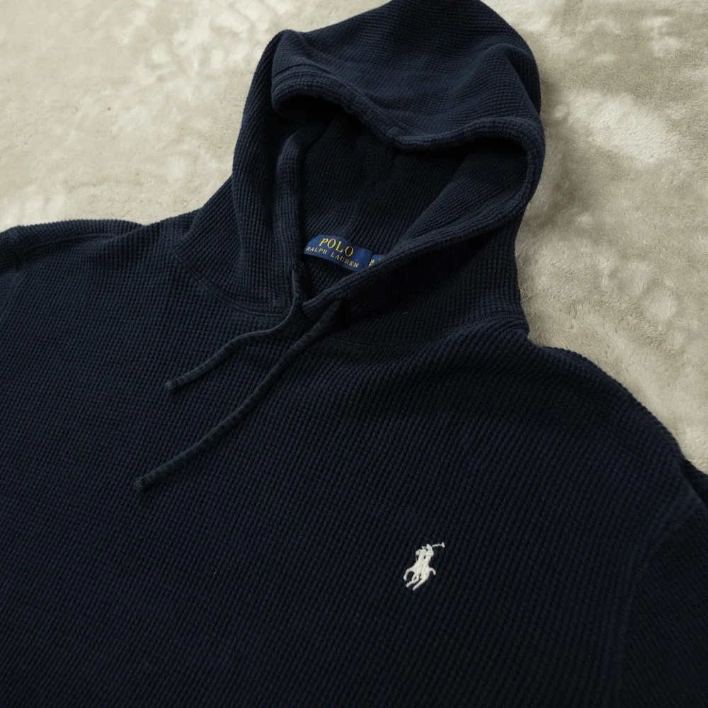 Polo Ralph Lauren Vintage Waffle Knit Thermal Hoodie Men's XL Navy Blue